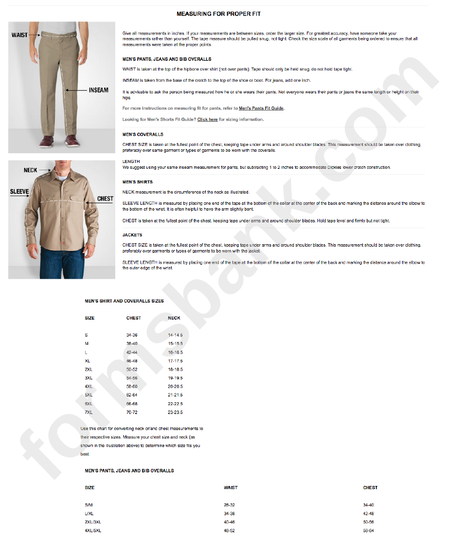 Men Shirt And Pants Measuring & Sizing Chart