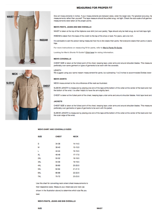 Men Shirt And Pants Measuring & Sizing Chart Printable pdf