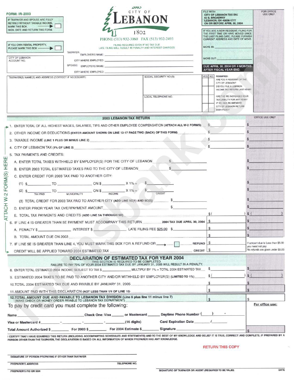 Form Ir-2003 - Lebanon Tax Return - 2003