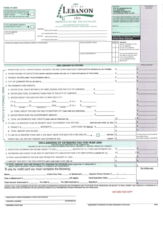 Form Ir-2003 - Lebanon Tax Return - 2003 Printable pdf