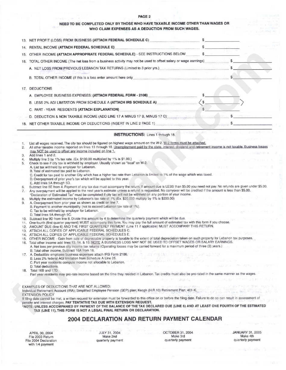 Form Ir-2003 - Lebanon Tax Return - 2003