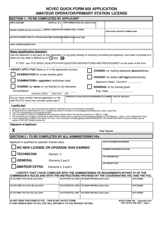Ncvec Quick-form 605 Application - Amateur Operator/primary Station License