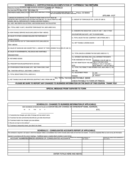 Schedule A - Certification/sales/computation Of Tax Frisco Tax Return - Town Of Frisco Printable pdf