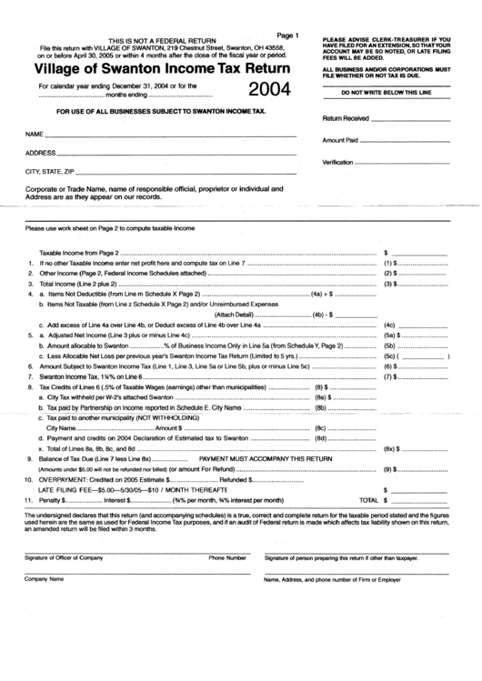 Village Of Swanton Income Tax Return - 2004 Printable pdf