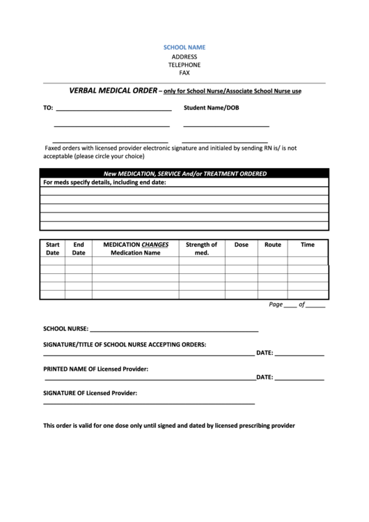 Verbal Medical Order Printable pdf