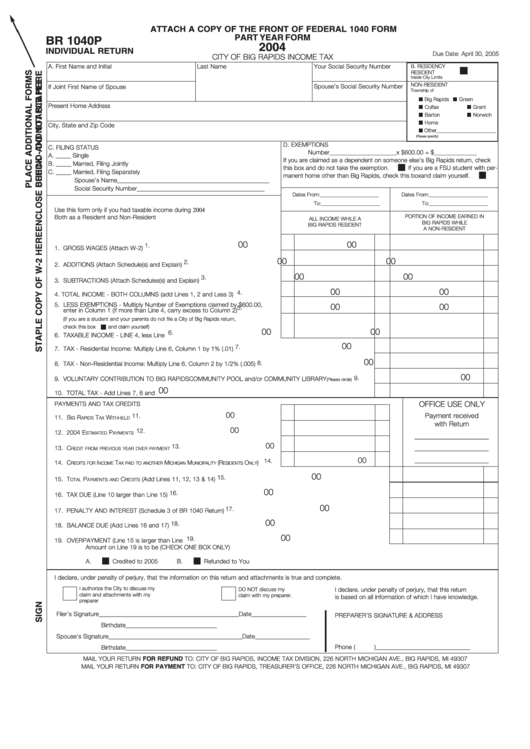 Form Br 1040p - Individual Return - City Of Big Rapids Income Tax - 2004 Printable pdf