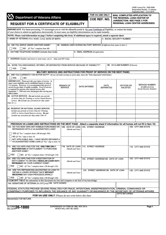 Va Form 26-1880 - Request For A Certificate Of Eligibility Printable pdf