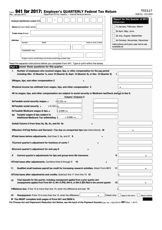 Form 941 - Employer's Quarterly Federal Tax Return, Form 941-v - Payment Voucher - 2017