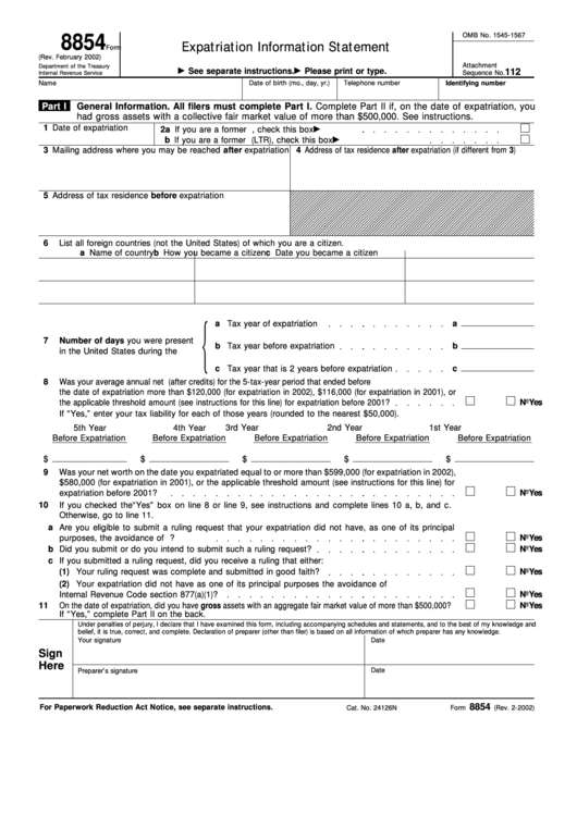 Fillable Form 8854 - Expatriation Information Statement - 2002 Printable pdf