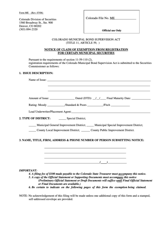 Form Me - Notice Of Claim Of Exemption From Registration For Certain Municipal Securities Printable pdf