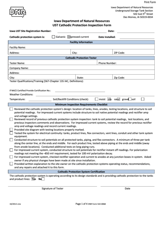 Fillable Dnr Form 542-0068 - Ust Cathodic Protection Inspection Form - Iowa Department Of Natural Resources Printable pdf