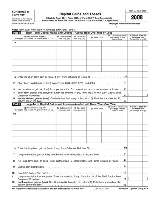 Fillable Form 1041 Schedule D - Capital Gains And Losses - 2008 Printable pdf