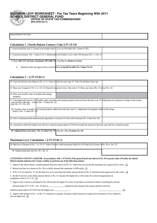 Form Sfn 24754 - Maximum Levy Worksheet - School District General Fund - 2011 Printable pdf
