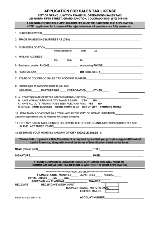 Form Gj1000 - Application For Sales Tax License - City Of Grand Junction Financial Operations (Sales Tax), Affidavit Of Lawful Presence - 2013 Printable pdf