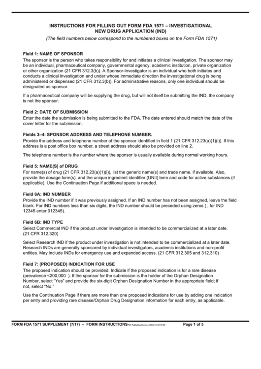Form Fda 1571 Instructions - Investigational New Drug Application (Ind) Printable pdf