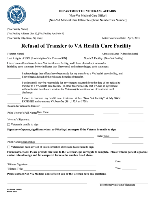 Fillable Va Form 10-8001 - Refusal Of Transfer To Va Health Care Facility Printable pdf
