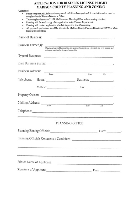 Application For Business License Permit - Madison County, Kentucky Planning And Zoning Printable pdf