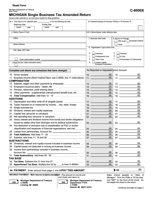 Fillable Form C-8000x - Single Business Tax Amended Return - 2004 Printable pdf