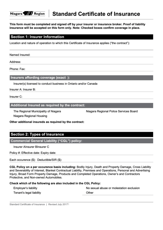 Fillable Standard Certificate Of Insurance - Niagara Region Printable pdf