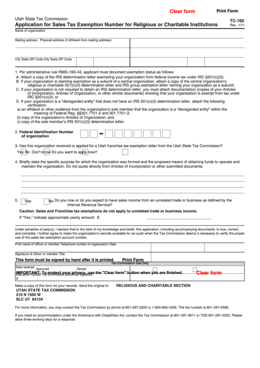 Fillable Form Tc-160 - Application For Sales Tax Exemption Number For Religious Or Charitable Institutions - 2011 Printable pdf
