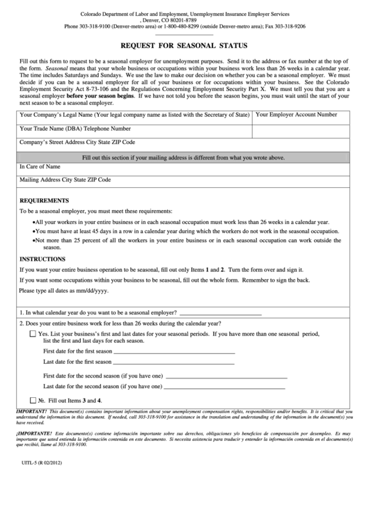 Form Uitl-5 - Request For Seasonal Status Printable pdf