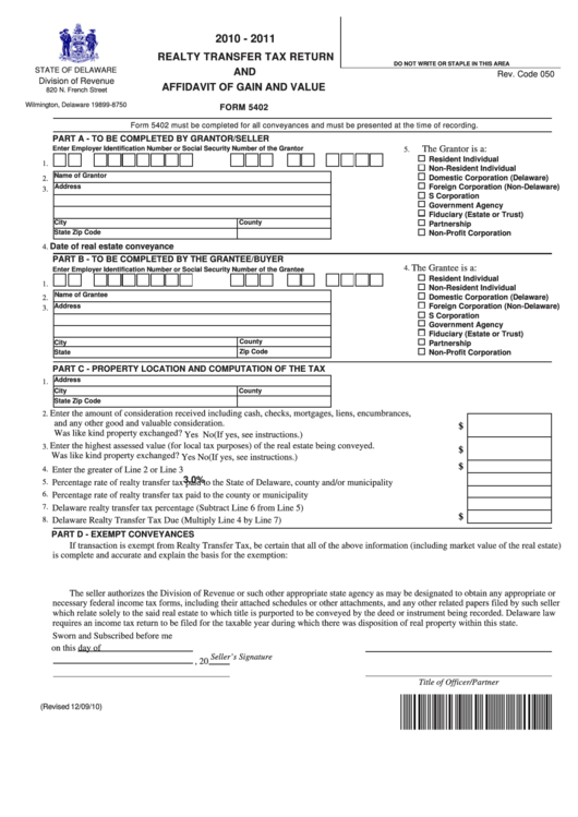 Fillable Form 5402 - Realty Transfer Tax Return And Affidavit Of Gain And Value - 2010-2011 Printable pdf