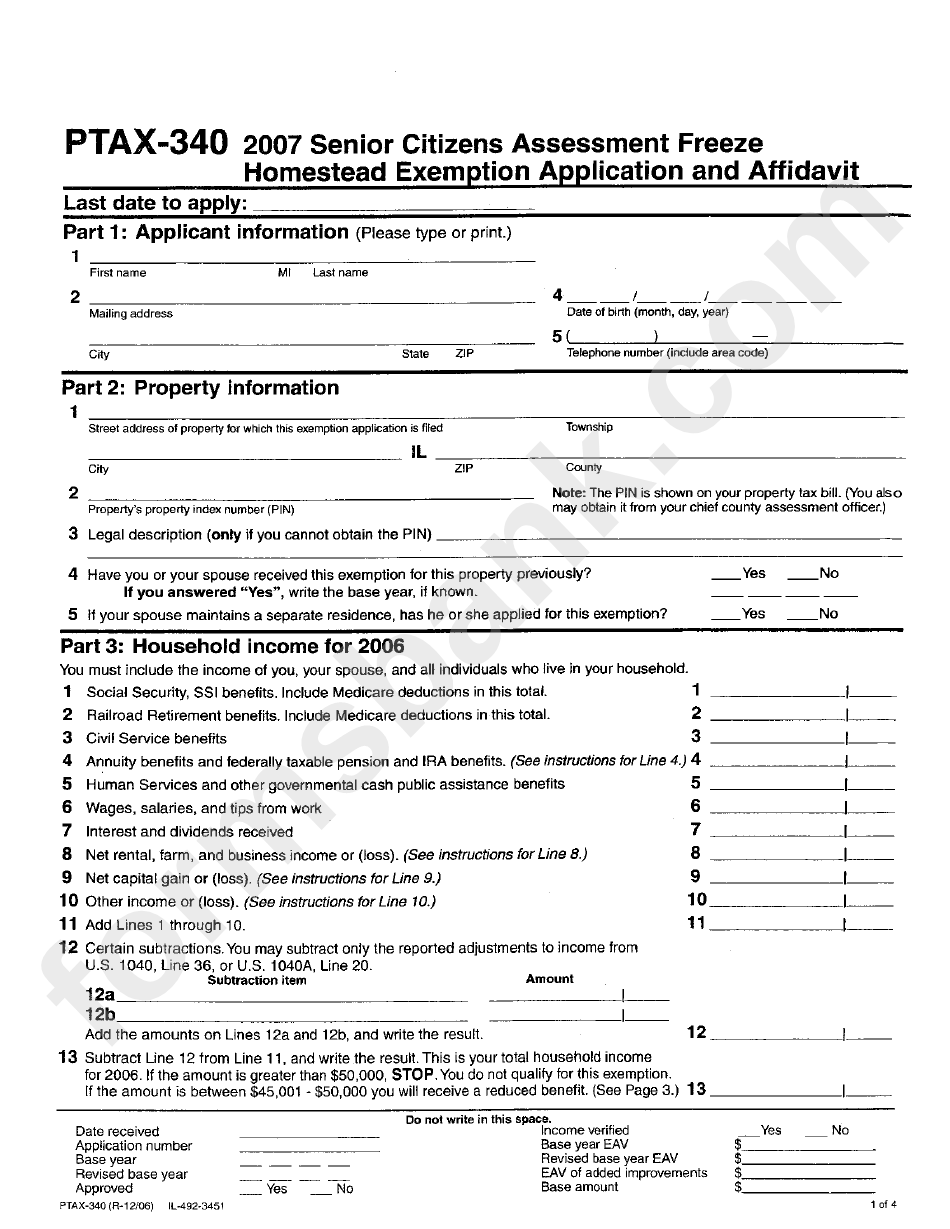 Form Ptax-340 - Senior Citizens Assessment Freeze Homestead Exemption Application And Affidavit - Illinois Department Of Revenue - 2007