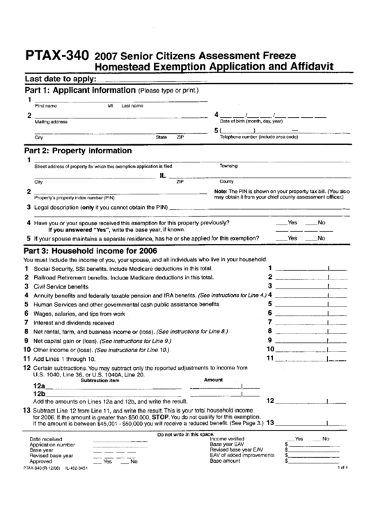 Form Ptax-340 - Senior Citizens Assessment Freeze Homestead Exemption Application And Affidavit - Illinois Department Of Revenue - 2007 Printable pdf