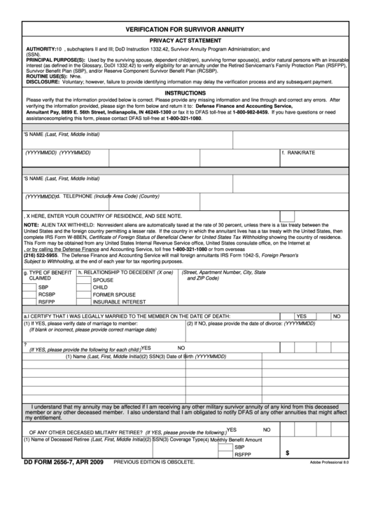 Fillable Dd Form 2656-7 - Verification For Survivor Annuity - April 2009 Printable pdf