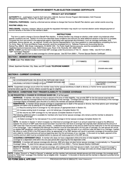 Fillable Dd Form 2656-6 - Sbp Election Change Certificate - April 2009 Printable pdf