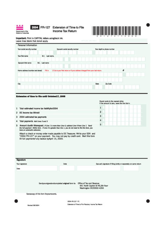 Form Fr-127 - Extension Of Time To File Income Tax Return - District Of Columbia - 2004 Printable pdf