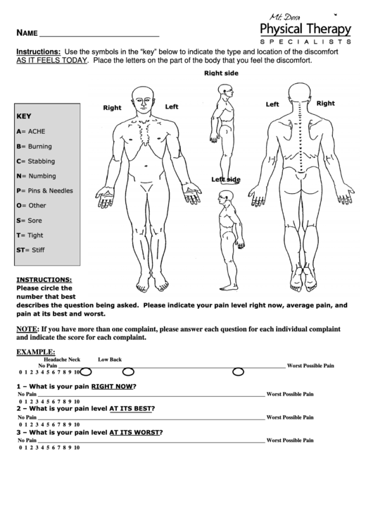 Physical Therapy Location And Type Of The Discomfort Form printable pdf ...