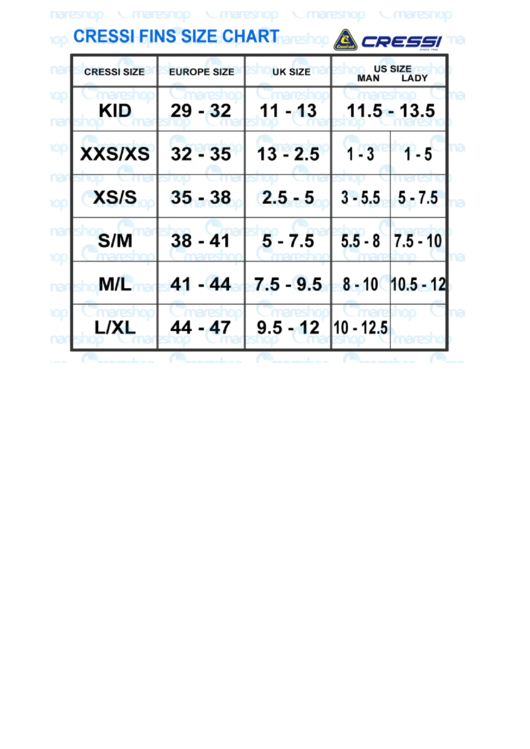 Cressi Fins Size Chart Printable pdf
