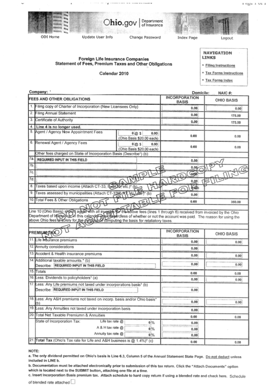 Form Ins 7146 Draft - Foriegn Life Insurance Companies Statement Of Fees, Premium Taxes And Other Obligations - 210 Printable pdf