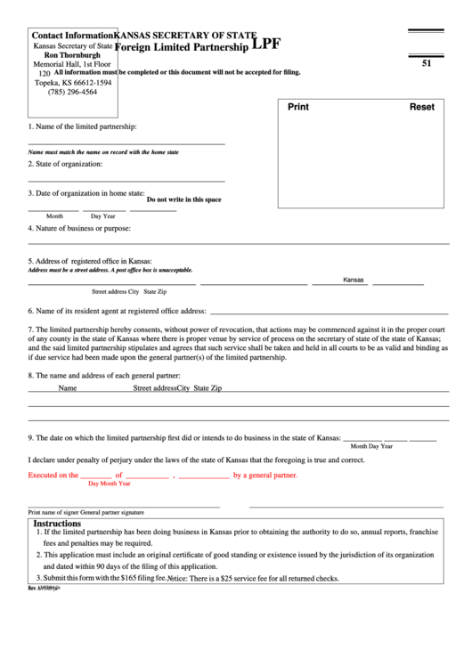 Fillable Form Lpf 51 - Foreign Limited Partnership - Kansas Secretary Of State Printable pdf