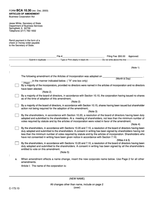 Fillable Form Bca 10.30 - Articles Of Amendment Printable pdf