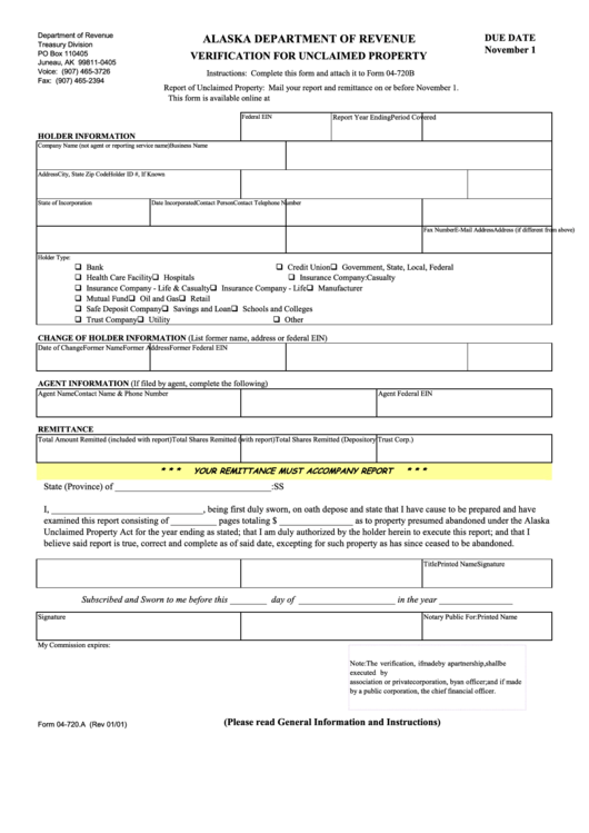 Form 04-720.a - Verification For Unclaimed Property - Alaska Department Of Revenue Printable pdf