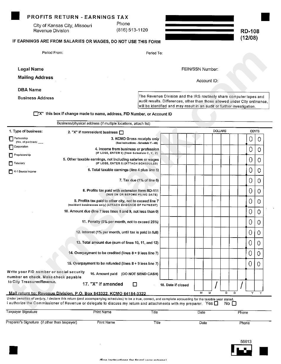 Fillable Form Rd 108 Profits Return Earnings Tax Printable Pdf Download