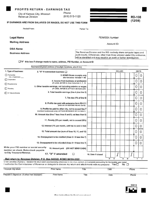 Fillable Form Rd-108 - Profits Return - Earnings Tax Printable pdf