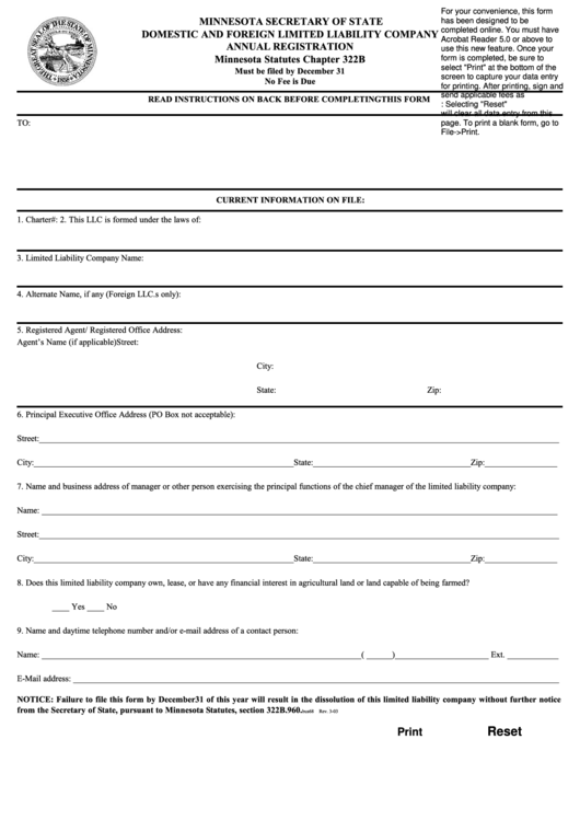 Fillable Domestic And Foreign Limited Liability Company Annual Registration Form - Minnesota Secretary Of State Printable pdf