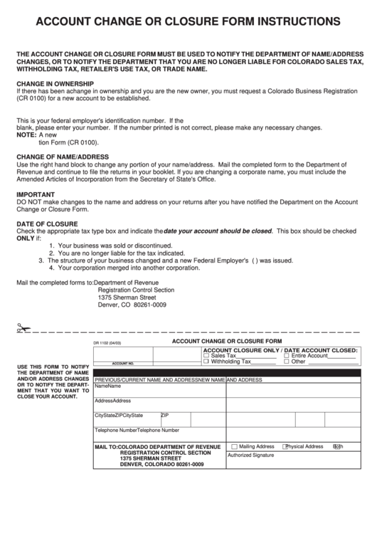 Form Dr 1102 - Account Change Or Closure Form Printable pdf
