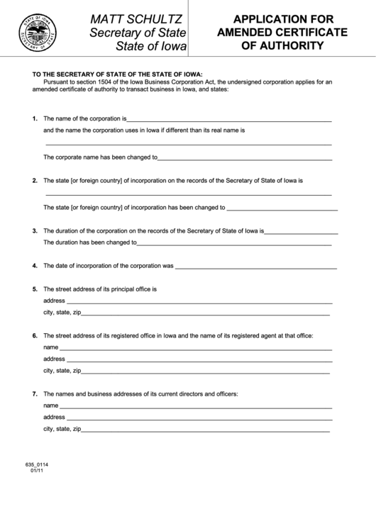 Fillable Form 635_0114 - Application For Amended Certificate Of Authority - 2011 Printable pdf