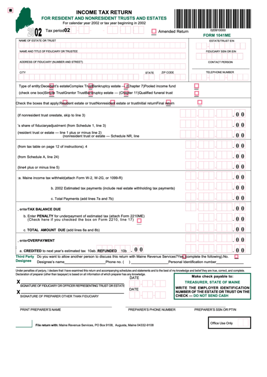 Form 1041me - Income Tax Return For Resident And Nonresident Trusts And Estates - 2002 Printable pdf