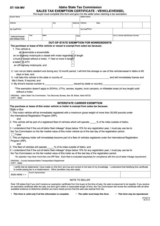 Fillable Form St-104-Mv - Sales Tax Exemption Certificate - Vehicle/vessel - 2013 Printable pdf