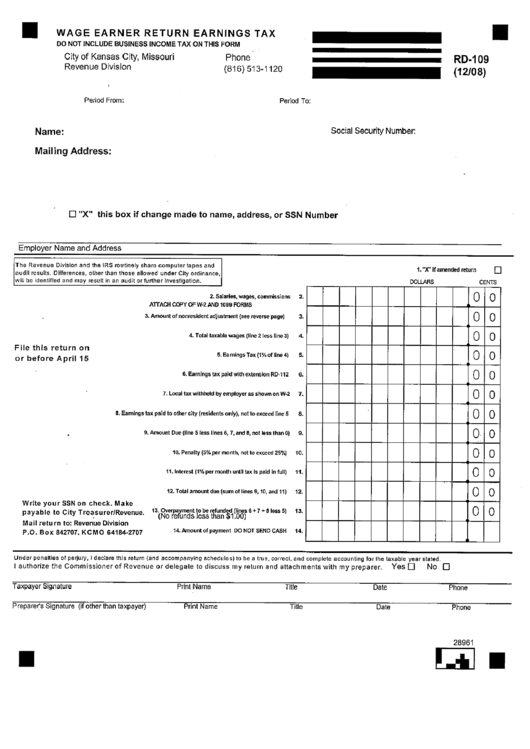 Fillable Form Rd-109 - Wage Earner Return Earnings Tax - Missouri Revenue Division Printable pdf