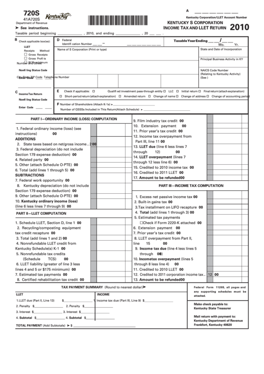 Form 720s - Kentucky S Corporation Income Tax And Llet Return - 2010 Printable pdf