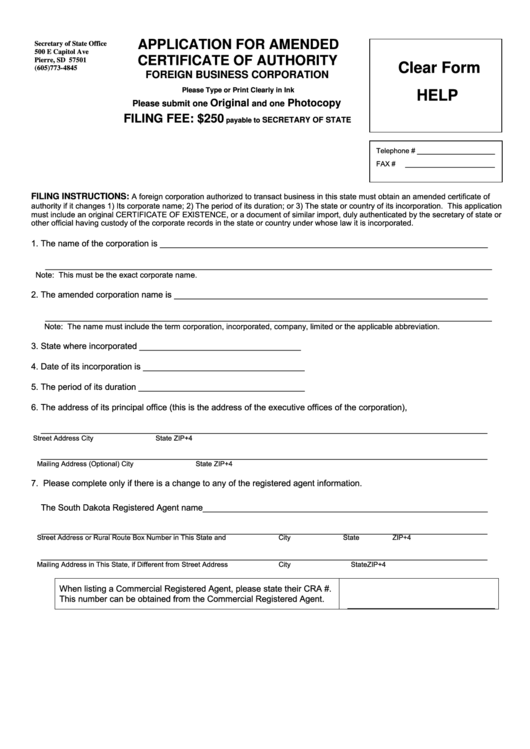 Fillable Application For Amended Certificate Of Authority - Foreign Business Corporation - State Of South Dakota - 2012 Printable pdf