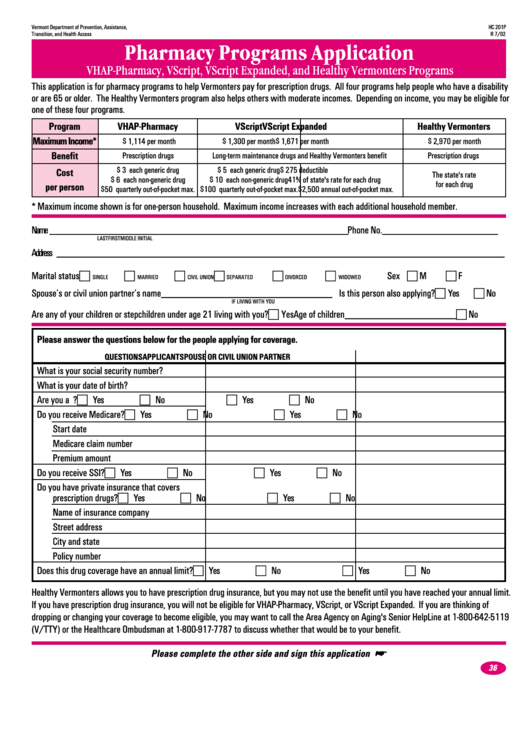 Form Hc 201p - Pharmacy Programs Application - Vermont Department Of Prevention, Assistance, Transition And Health Access Printable pdf
