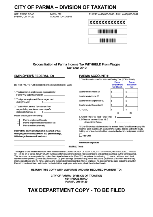 Reconciliation Of Parma Income Tax Withheld From Wages - 2012 Printable pdf