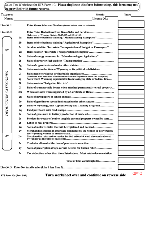 Sales Tax Worksheet For Ets Form 10 Printable pdf